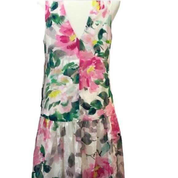 Eliza J Crepe de Chine Pink Dropped Waist Dress Open Back Subtle High Low Sz 10 - Picture 6 of 9